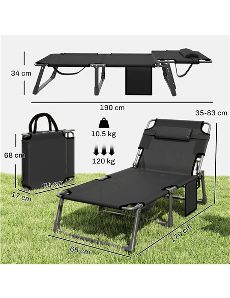 Outsunny Folding Sun Lounger for Garden, 5-Position Oversized Camping Bed Recliner with Cushions, Dark Grey - pic 190041 | FastDaddyshop