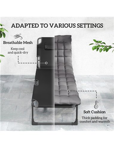 Outsunny Folding Sun Lounger for Garden, 5-Position Oversized Camping Bed Recliner with Cushions, Dark Grey