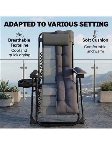 Outsunny Zero Gravity Chair, Folding Sun Lounger Reclining Garden Chair with Arm Pads, Cushion, Cup Holder, Headrest, Dark Grey