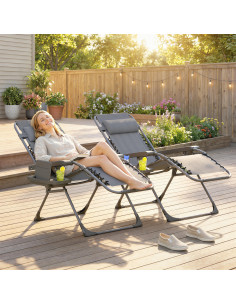 Outsunny Zero Gravity Chairs Set of 2, Folding Sunloungers Reclining Garden Chairs with Cup Holder, Headrest, Dark Grey 2