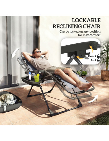 Outsunny Zero Gravity Chairs Set of 2, Folding Sunloungers Reclining Garden Chairs with Cup Holder, Headrest, Dark Grey