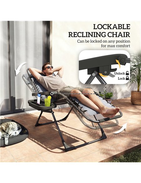 Outsunny Zero Gravity Chairs Set of 2, Folding Sunloungers Reclining Garden Chairs with Cup Holder, Headrest, Dark Grey - pic 190070 | FastDaddyshop