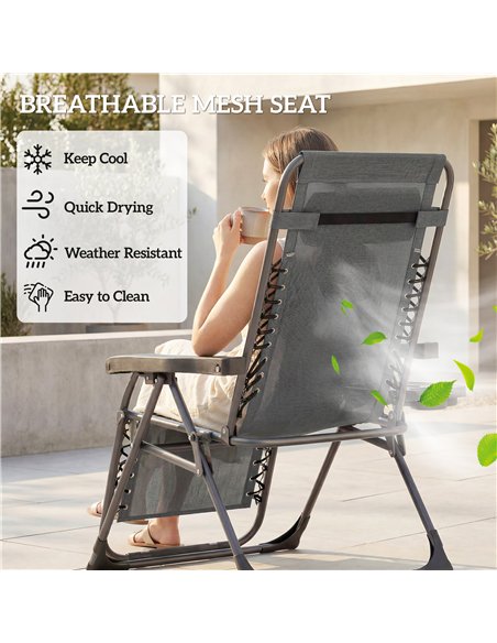 Outsunny Zero Gravity Chairs Set of 2, Folding Sunloungers Reclining Garden Chairs with Cup Holder, Headrest, Dark Grey - pic 190073 | FastDaddyshop