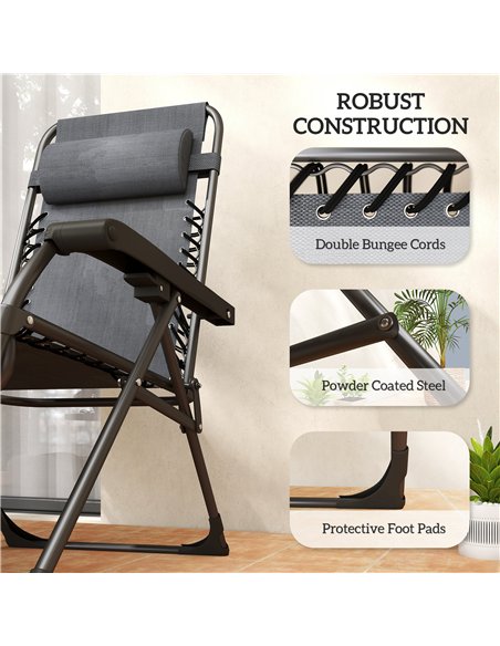 Outsunny Zero Gravity Chairs Set of 2, Folding Sunloungers Reclining Garden Chairs with Cup Holder, Headrest, Dark Grey - pic 190074 | FastDaddyshop