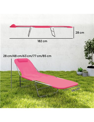 Outsunny Folding Sun Lounger with Head Pillow - Pink