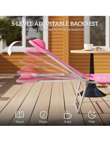 Outsunny Folding Sun Lounger with Head Pillow - Pink