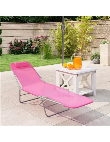 Outsunny Folding Sun Lounger with Head Pillow - Pink