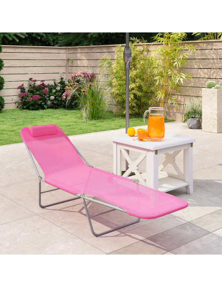 Outsunny Folding Sun Lounger with Head Pillow - Pink - pic 190100 | FastDaddyshop