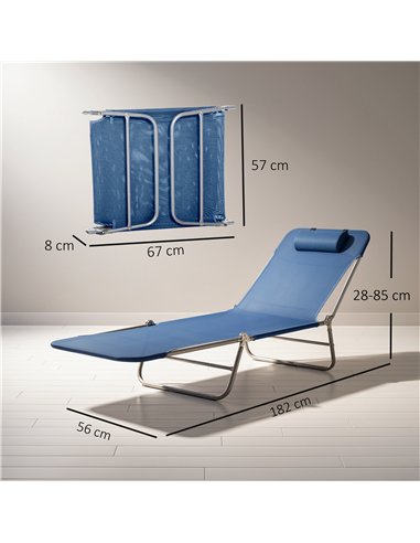 Outsunny Folding Sun Lounger with Head Pillow - Dark Blue