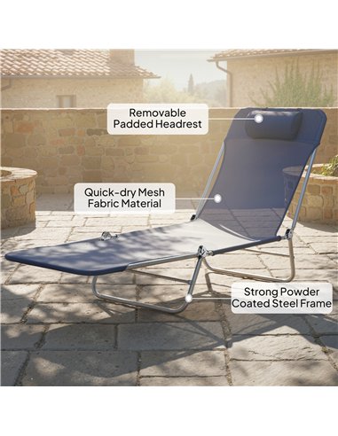 Outsunny Folding Sun Lounger with Head Pillow - Dark Blue