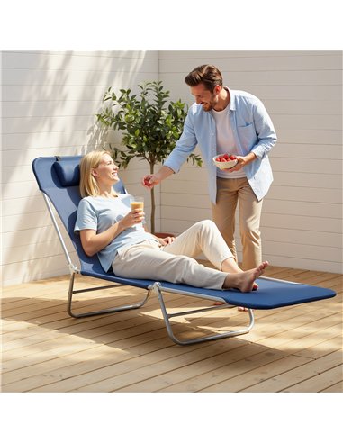 Outsunny Folding Sun Lounger with Head Pillow - Dark Blue