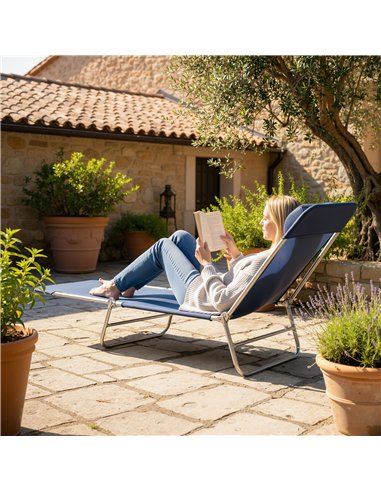 Outsunny Folding Sun Lounger with Head Pillow - Dark Blue