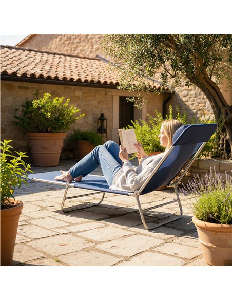 Outsunny Folding Sun Lounger with Head Pillow - Dark Blue - pic 190109 | FastDaddyshop