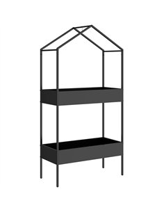 Outsunny 2 Tier Plant Stand, Outdoor Indoor Metal Plant Stand with Hook, House-Shaped Pots Holder Display Rack, Black