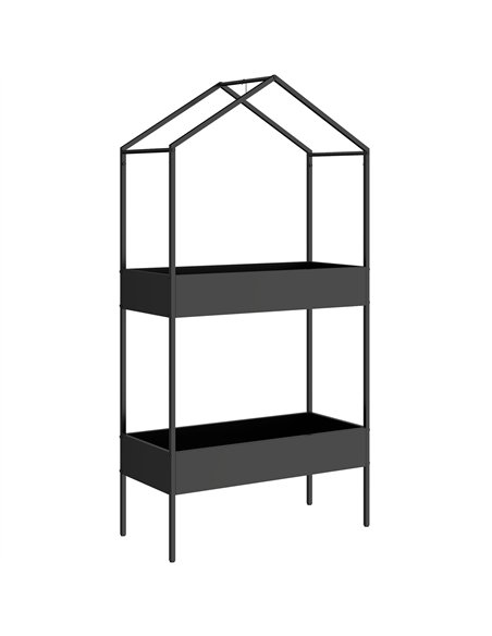 Outsunny 2 Tier Plant Stand, Outdoor Indoor Metal Plant Stand with Hook, House-Shaped Pots Holder Display Rack, Black - pic 190120 | FastDaddyshop