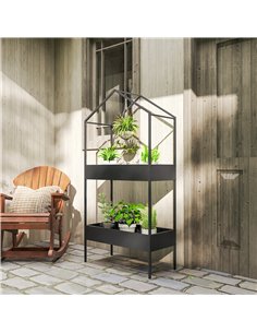 Outsunny 2 Tier Plant Stand, Outdoor Indoor Metal Plant Stand with Hook, House-Shaped Pots Holder Display Rack, Black 2