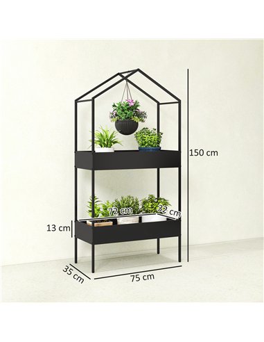 Outsunny 2 Tier Plant Stand, Outdoor Indoor Metal Plant Stand with Hook, House-Shaped Pots Holder Display Rack, Black