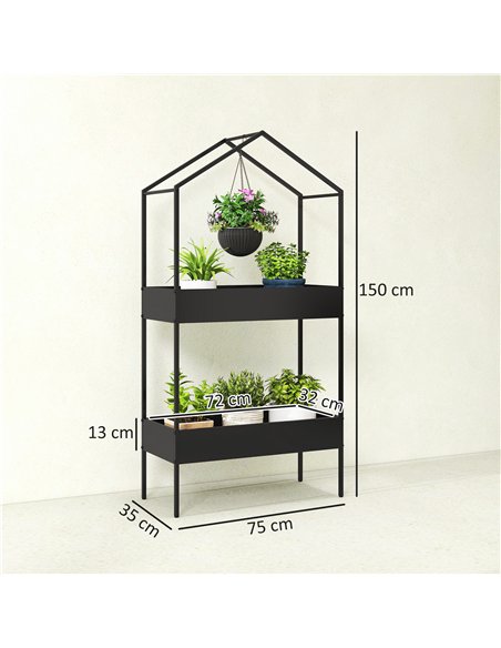 Outsunny 2 Tier Plant Stand, Outdoor Indoor Metal Plant Stand with Hook, House-Shaped Pots Holder Display Rack, Black - pic 190122 | FastDaddyshop
