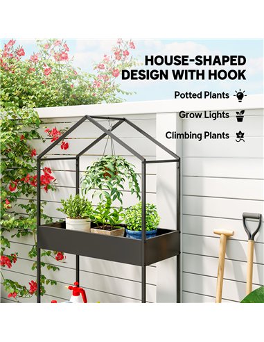 Outsunny 2 Tier Plant Stand, Outdoor Indoor Metal Plant Stand with Hook, House-Shaped Pots Holder Display Rack, Black