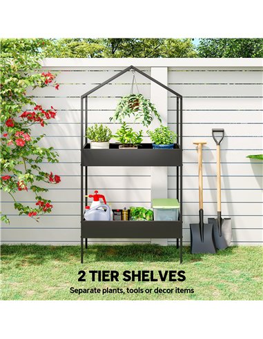 Outsunny 2 Tier Plant Stand, Outdoor Indoor Metal Plant Stand with Hook, House-Shaped Pots Holder Display Rack, Black
