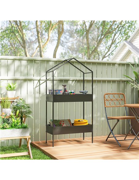 Outsunny 2 Tier Plant Stand, Outdoor Indoor Metal Plant Stand with Hook, House-Shaped Pots Holder Display Rack, Black - pic 190127 | FastDaddyshop