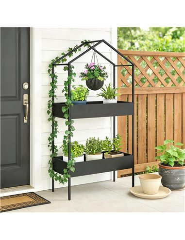 Outsunny 2 Tier Plant Stand, Outdoor Indoor Metal Plant Stand with Hook, House-Shaped Pots Holder Display Rack, Black