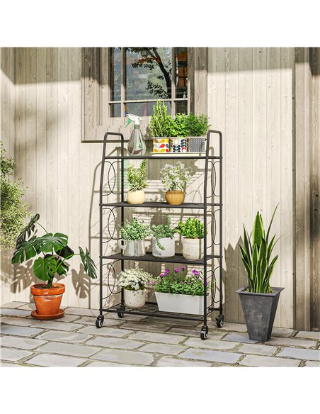 Outsunny 4-Tier Metal Plant Stand, Heavy Duty Ladder Shelf Potted Plants Display Rack with Lockable Wheels - pic 190130 | FastDaddyshop