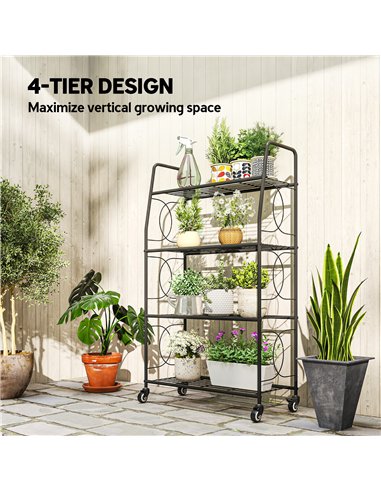 Outsunny 4-Tier Metal Plant Stand, Heavy Duty Ladder Shelf Potted Plants Display Rack with Lockable Wheels