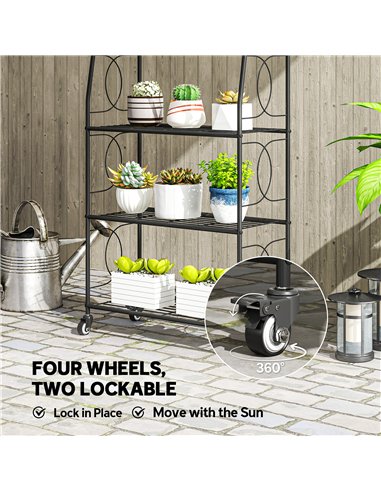 Outsunny 4-Tier Metal Plant Stand, Heavy Duty Ladder Shelf Potted Plants Display Rack with Lockable Wheels