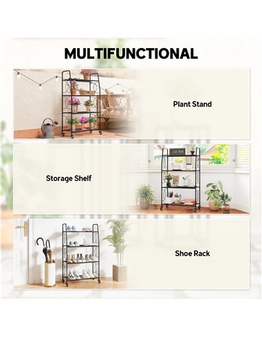 Outsunny 4-Tier Metal Plant Stand, Heavy Duty Ladder Shelf Potted Plants Display Rack with Lockable Wheels
