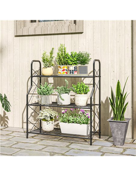Outsunny 3-Tier Metal Plant Stand, Heavy Duty Ladder Shelf Potted Plants Display Rack, Indoor Outdoor Flower Pot Holder - pic 190139 | FastDaddyshop