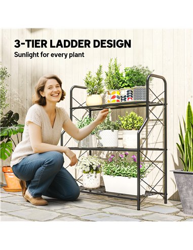 Outsunny 3-Tier Metal Plant Stand, Heavy Duty Ladder Shelf Potted Plants Display Rack, Indoor Outdoor Flower Pot Holder