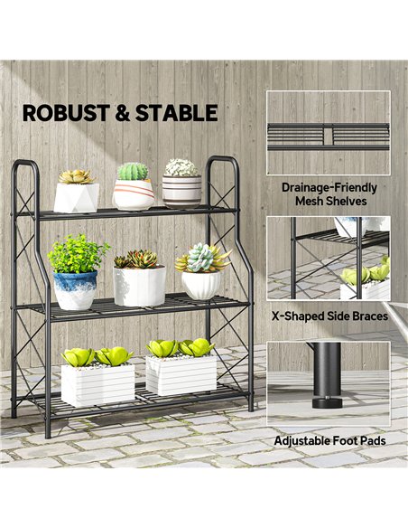 Outsunny 3-Tier Metal Plant Stand, Heavy Duty Ladder Shelf Potted Plants Display Rack, Indoor Outdoor Flower Pot Holder - pic 190142 | FastDaddyshop