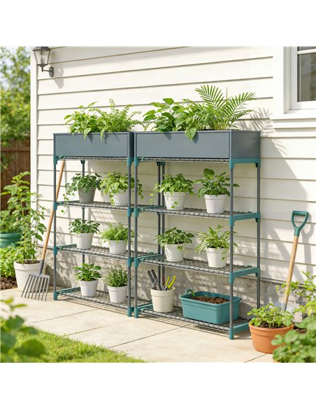 Outsunny 4-Tier Plant Stand Indoor Outdoor, Set of 2 Metal Plant Shelf with Rack Buckles for Easy Assembly, Flower Display Rack - pic 190155 | FastDaddyshop