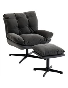 HOMCOM Accent Chair with Footstool, Swivel Lounge Chair with Chenille Upholstery, Metal Base, Dark Grey