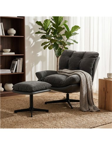 HOMCOM Accent Chair with Footstool, Swivel Lounge Chair with Chenille Upholstery, Metal Base, Dark Grey