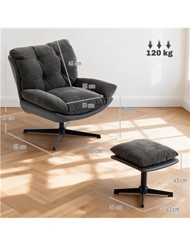 HOMCOM Accent Chair with Footstool, Swivel Lounge Chair with Chenille Upholstery, Metal Base, Dark Grey