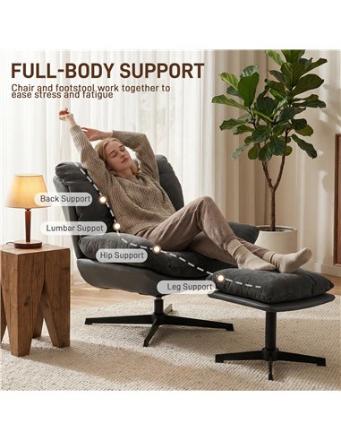 HOMCOM Accent Chair with Footstool, Swivel Lounge Chair with Chenille Upholstery, Metal Base, Dark Grey
