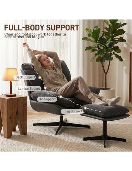 HOMCOM Accent Chair with Footstool, Swivel Lounge Chair with Chenille Upholstery, Metal Base, Dark Grey - pic 190249 | FastDaddyshop