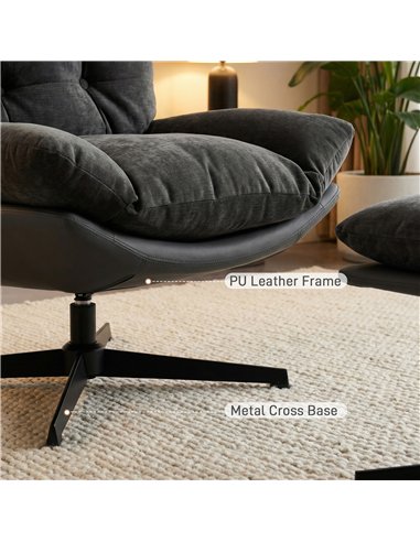HOMCOM Accent Chair with Footstool, Swivel Lounge Chair with Chenille Upholstery, Metal Base, Dark Grey