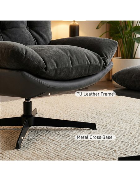 HOMCOM Accent Chair with Footstool, Swivel Lounge Chair with Chenille Upholstery, Metal Base, Dark Grey - pic 190253 | FastDaddyshop