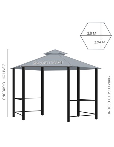 Outsunny Hexagon Gazebo Patio Canopy Party Tent Outdoor Garden Shelter w/ 2 Tier Roof & Side Panel - Grey
