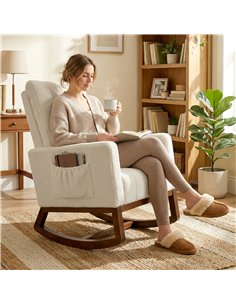 HOMCOM Rocking Chair for Adults, Lounge Rocker Chair with Lumbar Pillow, High Back, Wood Base, Side Pockets, Cream White 2