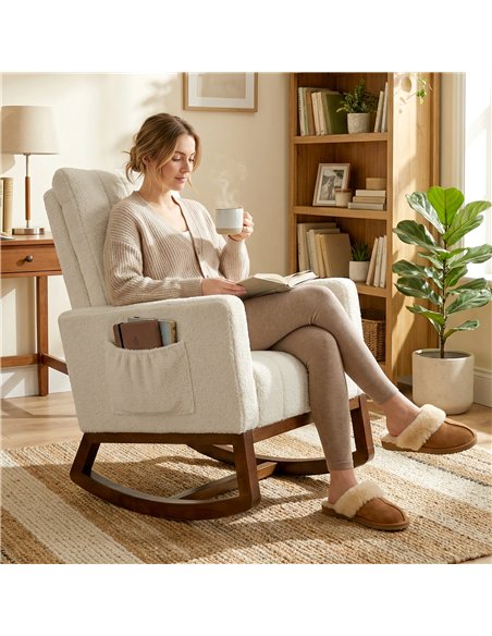HOMCOM Rocking Chair for Adults, Lounge Rocker Chair with Lumbar Pillow, High Back, Wood Base, Side Pockets, Cream White - pic 190265 | FastDaddyshop