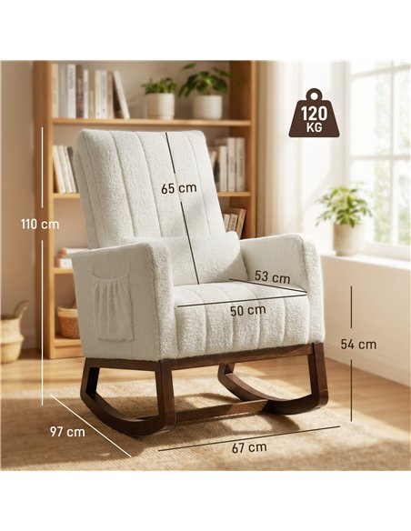 HOMCOM Rocking Chair for Adults, Lounge Rocker Chair with Lumbar Pillow, High Back, Wood Base, Side Pockets, Cream White - pic 190266 | FastDaddyshop