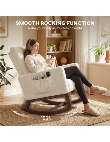 HOMCOM Rocking Chair for Adults, Lounge Rocker Chair with Lumbar Pillow, High Back, Wood Base, Side Pockets, Cream White
