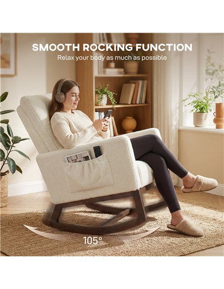 HOMCOM Rocking Chair for Adults, Lounge Rocker Chair with Lumbar Pillow, High Back, Wood Base, Side Pockets, Cream White - pic 190267 | FastDaddyshop