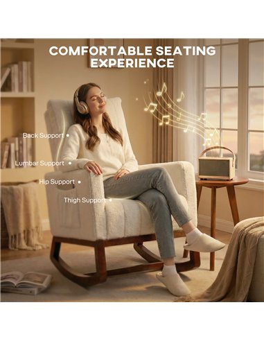 HOMCOM Rocking Chair for Adults, Lounge Rocker Chair with Lumbar Pillow, High Back, Wood Base, Side Pockets, Cream White