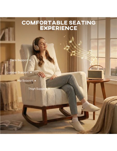 HOMCOM Rocking Chair for Adults, Lounge Rocker Chair with Lumbar Pillow, High Back, Wood Base, Side Pockets, Cream White - pic 190268 | FastDaddyshop