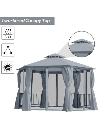 Outsunny Hexagon Gazebo Patio Canopy Party Tent Outdoor Garden Shelter w/ 2 Tier Roof & Side Panel - Grey
